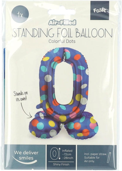 Folat 63970 Standing 0 Blue with Coloured Dots 72 cm Birthday Decoration Balloon Number No Helium Required, Multicoloured, Standard Size Number 0