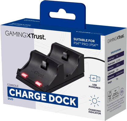 Trust Gaming Gxt 235 21681 Dubbel Oplaaddock, Voor Ps4 Controllers (Duo Charging Dock Usb, Laadindicator), Zwart, Een maat