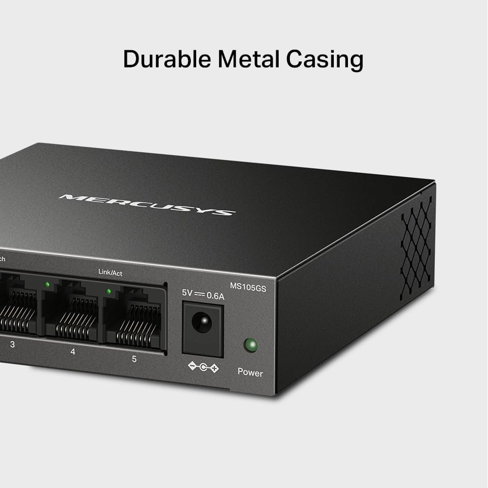 MERCUSYS 5-Port Gigabit Desktop Switch, 5× 10/100/1000Mbps Ports, Multiple Installation, Auto-Negotiation, Auto-MDI/MDIX, Power Saving, Metal case, Plug & Play, No Configuration Required (MS105GS