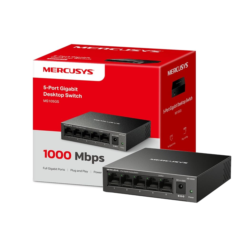 MERCUSYS 5-Port Gigabit Desktop Switch, 5× 10/100/1000Mbps Ports, Multiple Installation, Auto-Negotiation, Auto-MDI/MDIX, Power Saving, Metal case, Plug & Play, No Configuration Required (MS105GS