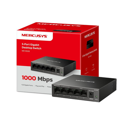 MERCUSYS 5-Port Gigabit Desktop Switch, 5× 10/100/1000Mbps Ports, Multiple Installation, Auto-Negotiation, Auto-MDI/MDIX, Power Saving, Metal case, Plug & Play, No Configuration Required (MS105GS