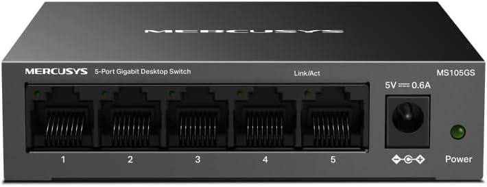 MERCUSYS 5-Port Gigabit Desktop Switch, 5× 10/100/1000Mbps Ports, Multiple Installation, Auto-Negotiation, Auto-MDI/MDIX, Power Saving, Metal case, Plug & Play, No Configuration Required (MS105GS