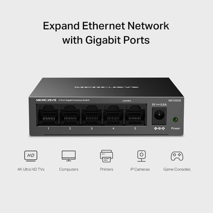 MERCUSYS 5-Port Gigabit Desktop Switch, 5× 10/100/1000Mbps Ports, Multiple Installation, Auto-Negotiation, Auto-MDI/MDIX, Power Saving, Metal case, Plug & Play, No Configuration Required (MS105GS