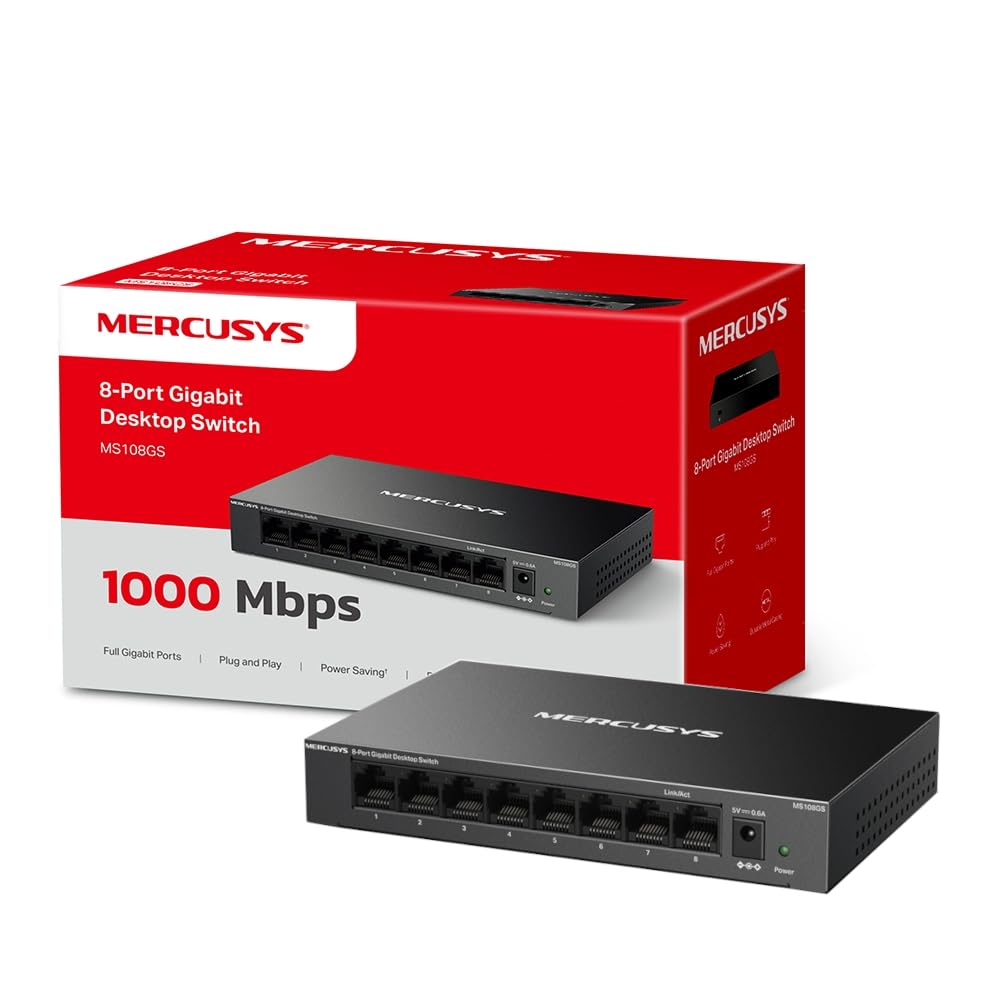 MERCUSYS 8-Port Gigabit Desktop Switch, 8× 10/100/1000Mbps Ports, Multiple Installation, Auto-Negotiation, Auto-MDI/MDIX, Power Saving, Metal case, Plug & Play, No Configuration Required (MS108GS