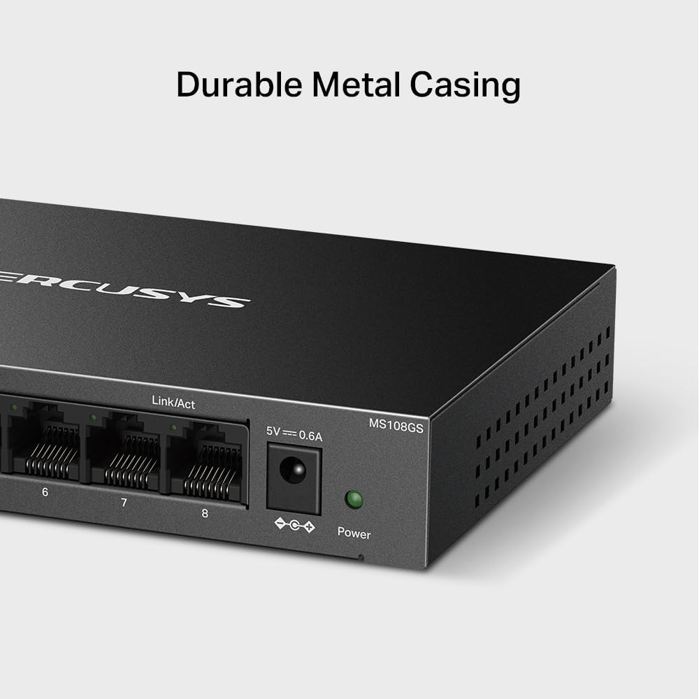 MERCUSYS 8-Port Gigabit Desktop Switch, 8× 10/100/1000Mbps Ports, Multiple Installation, Auto-Negotiation, Auto-MDI/MDIX, Power Saving, Metal case, Plug & Play, No Configuration Required (MS108GS