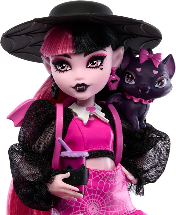 Monster High Draculaura Doll with Pet Bat-Cat Count Fabulous & Accessories like Backpack, Spell Book, Bento Box & More