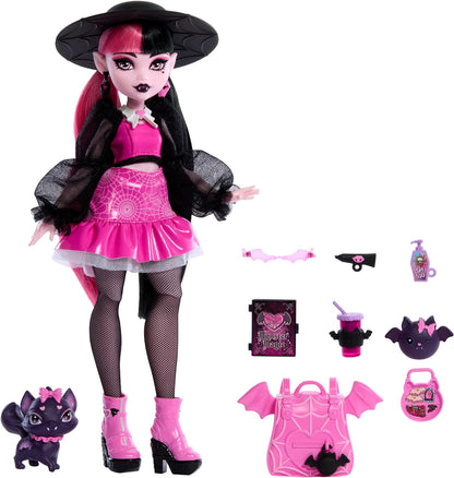 Monster High Draculaura Doll with Pet Bat-Cat Count Fabulous and Accessories like Backpack, Spell Book, Bento Box and More, HRP64