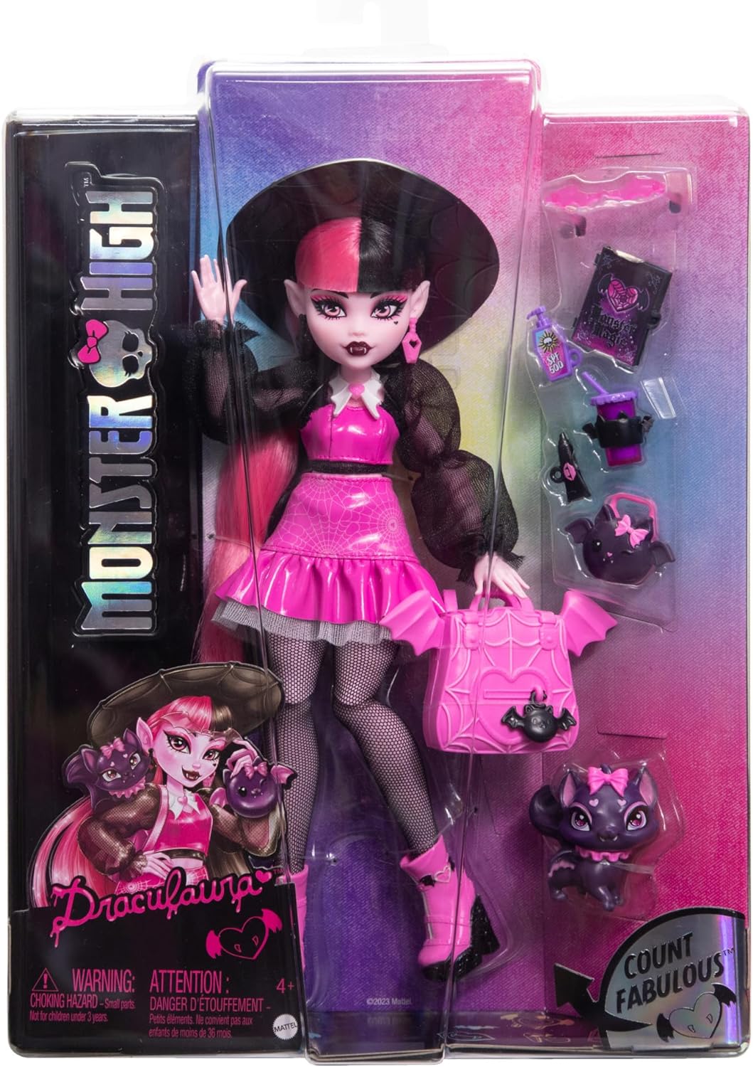 Monster High Draculaura Doll with Pet Bat-Cat Count Fabulous and Accessories like Backpack, Spell Book, Bento Box and More, HRP64