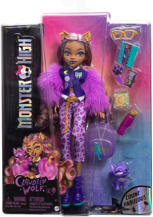 Monster High Clawdeen Wolf Doll with Pet Dog Crescent & Accessories Like Backpack, Planner, Snacks & More