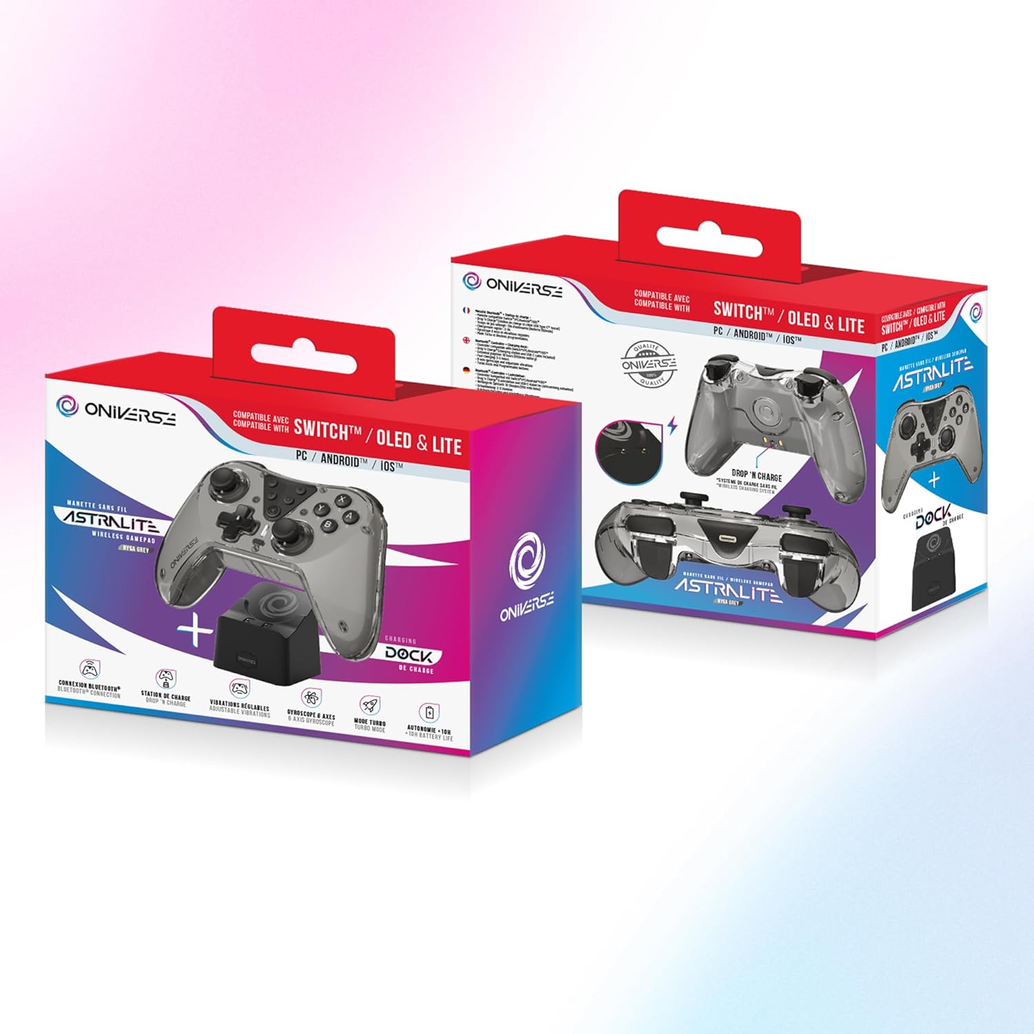 Oniverse Draadloze Controller compatibel met Switch OLED Lite PC ANDROID iOS, Oplaaddock, Instelbare Trillingen, Macroknoppen, Turbo Modus, Wake-Up, 6-assige Gyroscoop, Astralite (NYSA GREY/GRIJS) NYS