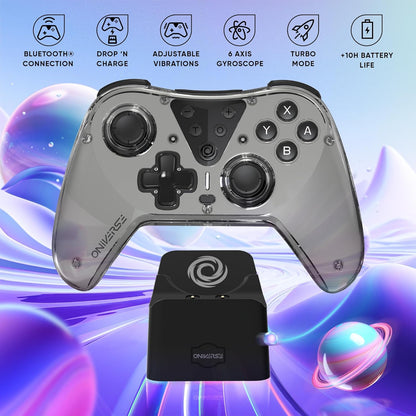 Oniverse Draadloze Controller compatibel met Switch OLED Lite PC ANDROID iOS, Oplaaddock, Instelbare Trillingen, Macroknoppen, Turbo Modus, Wake-Up, 6-assige Gyroscoop, Astralite (NYSA GREY/GRIJS) NYS
