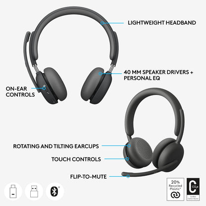 Logitech Zone Wireless 2 Premium Noise Cancelling Headset with Hybrid ANC, Bluetooth, USB-C, USB-A, Certified for Zoom, Google Meet, Google Voice, Fast Pair, Graphite