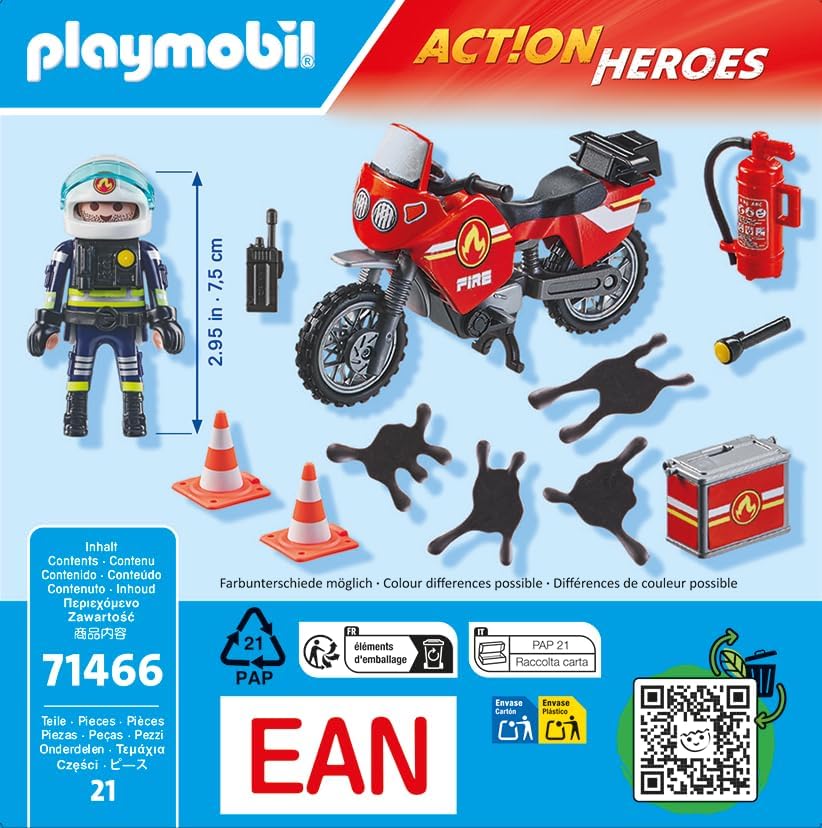 PLAYMOBIL Action Heroes 71466 Moto dei Pompieri, con Una Radio e Un estintore, Giochi di Ruolo Divertenti, Giocattolo sostenibile per Bambini dai 4 Anni in su