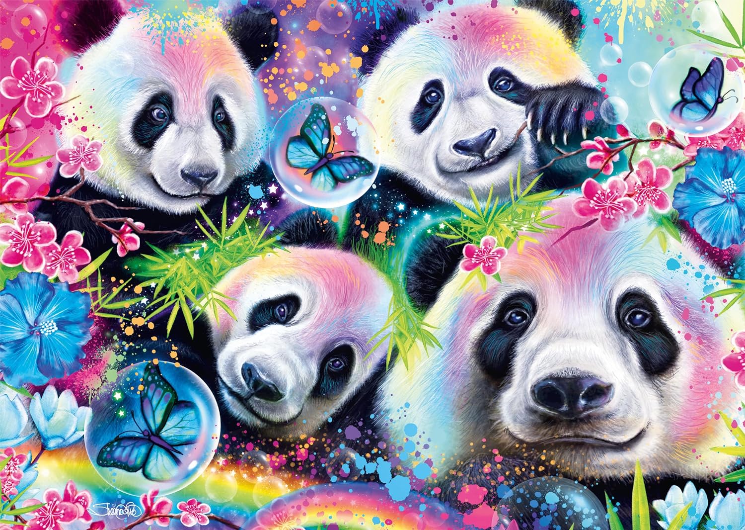 Schmidt Spiele Sheena Pike 58516-Puzle de 1000 Piezas de Pandas de Flores de neón (58516