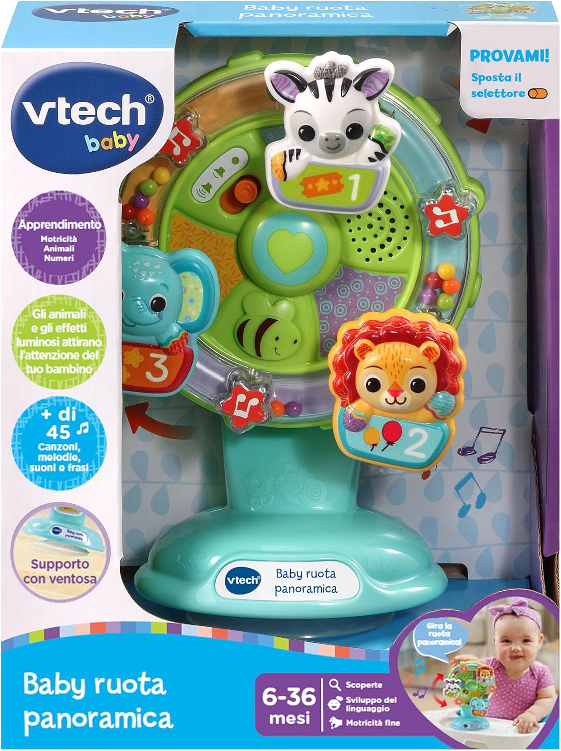 VTech Baby Ruota Panoramica, Gioco Interattivo Bambino con Sensore di Movimento e Stelle Colorate, Supporto con Ventosa, più di 45 Canzoni e Suoni, Lingua Italiana, Batterie Incluse, 6-36 Mesi