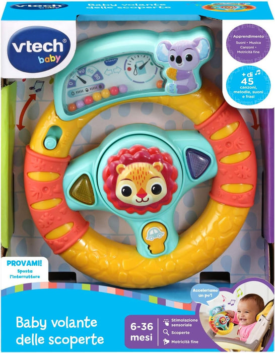 VTech Bebé Volador de Descubrimientos, Juego Interactivo Niño con Flechas Luminosas y Botón Encendido del Coche, Más de 45 Canciones y Sonidos, Portátil, Idioma Italiano, Baterías Incluidas, 6-36