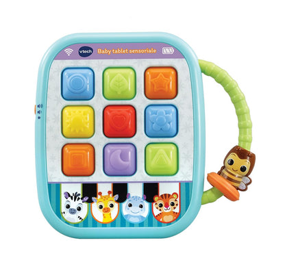 VTech Baby Tablet Sensoriale, Tablet Interattivo con più di 35 Canzoni, Frasi, Suoni, 9 Pulsanti Morbidi per Imparare Colori e Forme, Manico per Trasporto, Lingua Italiana, Batterie Incluse, 6-36 Mesi