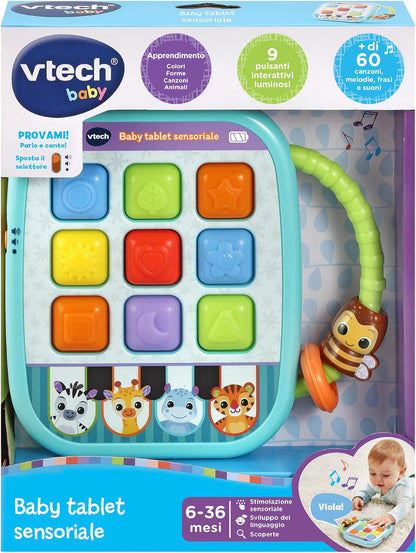 VTech Baby Tablet Sensoriale, Tablet Interattivo con più di 35 Canzoni, Frasi, Suoni, 9 Pulsanti Morbidi per Imparare Colori e Forme, Manico per Trasporto, Lingua Italiana, Batterie Incluse, 6-36 Mesi