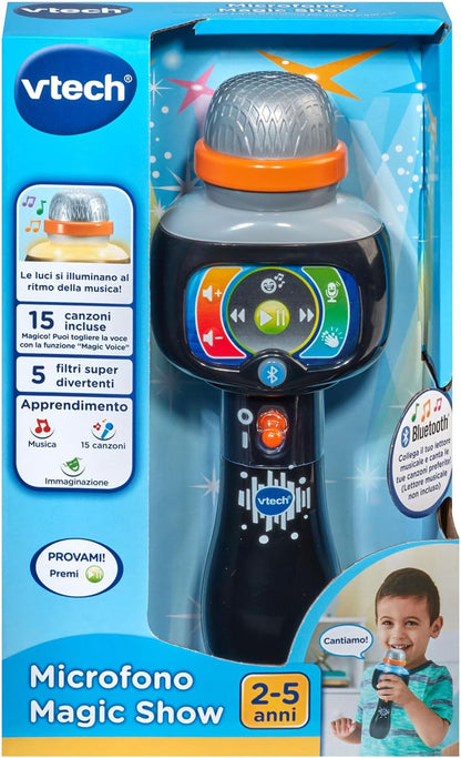 VTech Microfono Magic Show, Microfono Karaoke per Bambini con 15 Canzoni, 5 Filtri Vocali Divertenti, Microfono Bluetooth, Regolazione del Volume, Lingua Italiana, Batterie Incluse, 2-5 Anni
