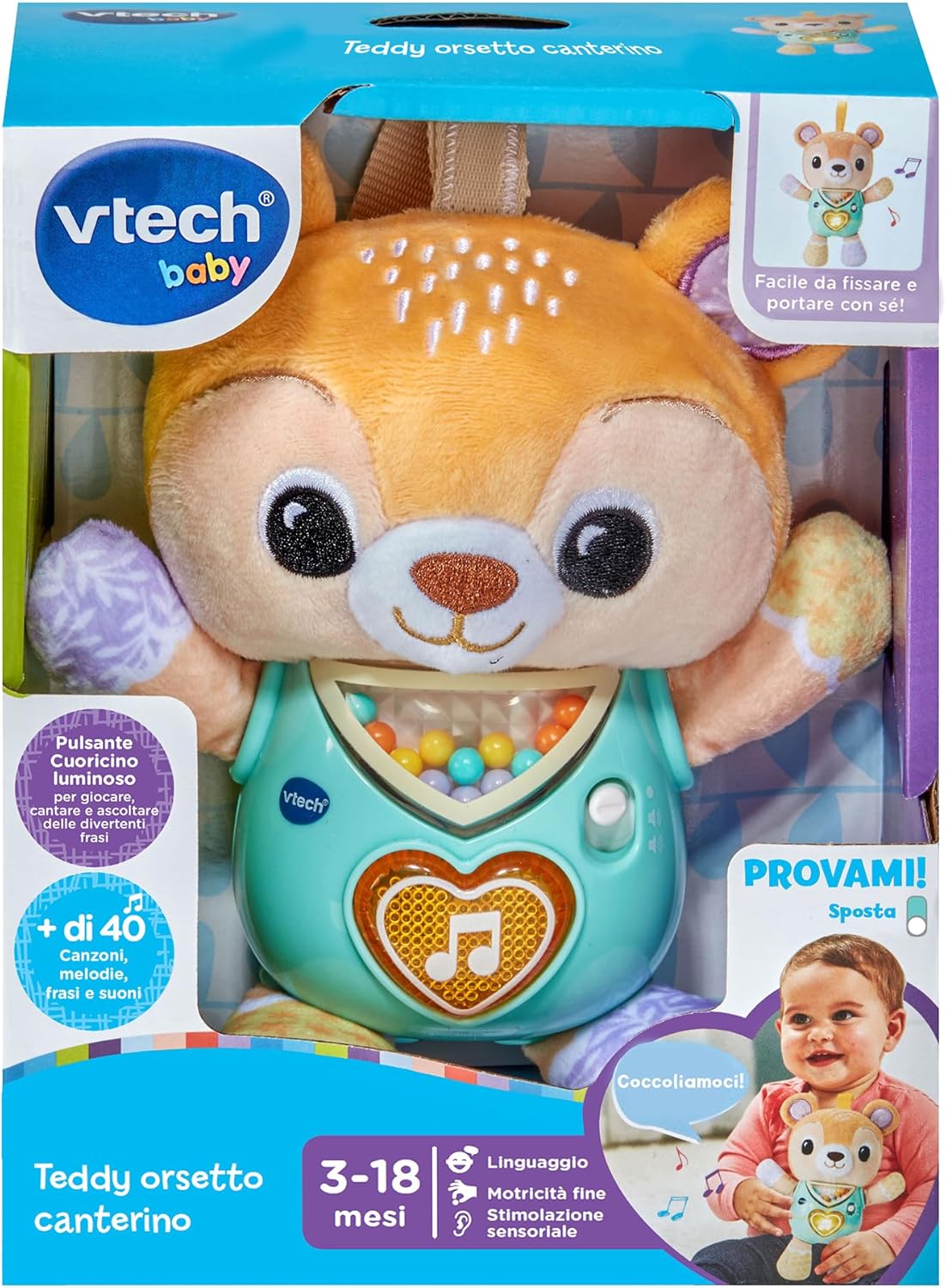 VTech Teddy Orsetto Canterino, Orsetto Interattivo con più di 40 Canzoni e Melodie, Cuoricino Luminoso e Perline Colorate per una Stimolazione Sensoriale, Lingua Italiana, Batterie Incluse, 3-18 Mesi