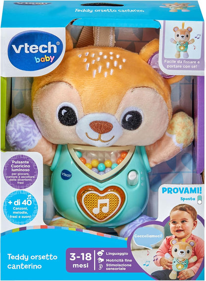 VTech Teddy Orsetto Canterino, Orsetto Interattivo con più di 40 Canzoni e Melodie, Cuoricino Luminoso e Perline Colorate per una Stimolazione Sensoriale, Lingua Italiana, Batterie Incluse, 3-18 Mesi