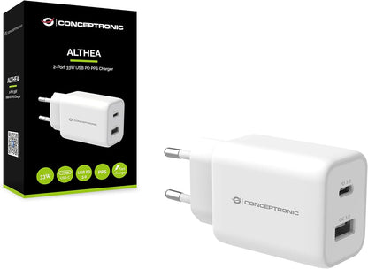 Conceptronic ALTHEA11W 2 Ports 33W USB PD-PPS Charger QC 3.0 Compatible with Samsung Apple Nintendo