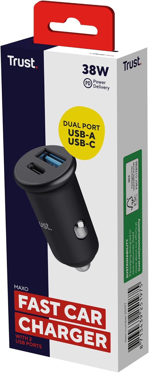 Trust Maxo 38W PD Mini Car Charger Adapter, 20W USB-C PD Port and 18W USB-A QC3 Port, Car Cigarette Lighter USB Socket Fast Charger for iPhone 15 14 13 12 Pro Max Samsung Galaxy s23 s22 s21 Huawei