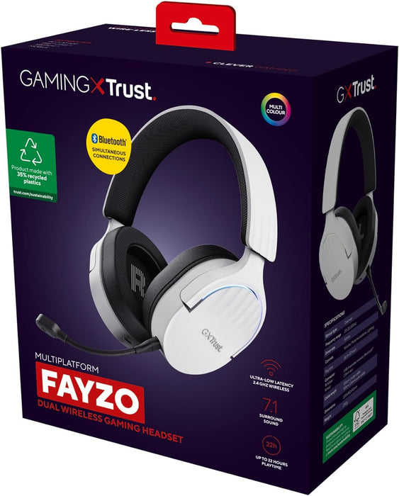Trust Gaming GXT 491W Fayzo Wireless Gaming Headset Bluetooth + 2.4 GHz Dual Connection, 7.1 Surround Sound, 22hr Battery, RGB Over Ear Wireless Headphones with Microphone PC PS5 PS4 Switch - White Du