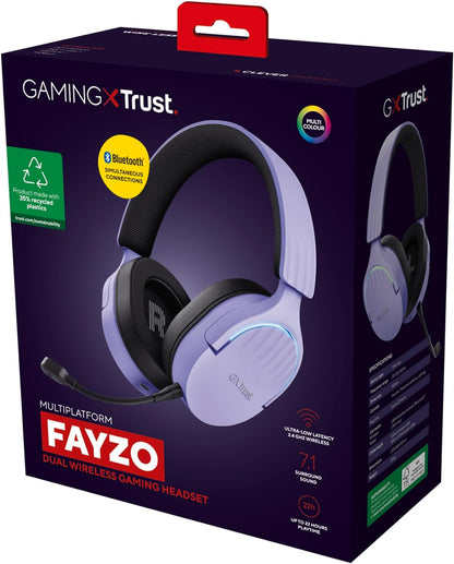 Trust Gaming GXT 491P Fayzo Wireless Gaming Headset Bluetooth + 2.4 GHz Dual Connection, 7.1 Surround Sound, 22hr Battery, RGB Over Ear Wireless Headphones with Microphone PC PS5 PS4 Switch - Purple D