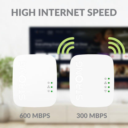 STRONG POWERLWF600DUOMINI POWERLINE 600 piccolo e compatto kit 2 Adattatori Powerline Av600, Wireless Ac Dual Band 300Mbps, 3 Porte Totali, 2 Pezzi, Bianco, Ethernet