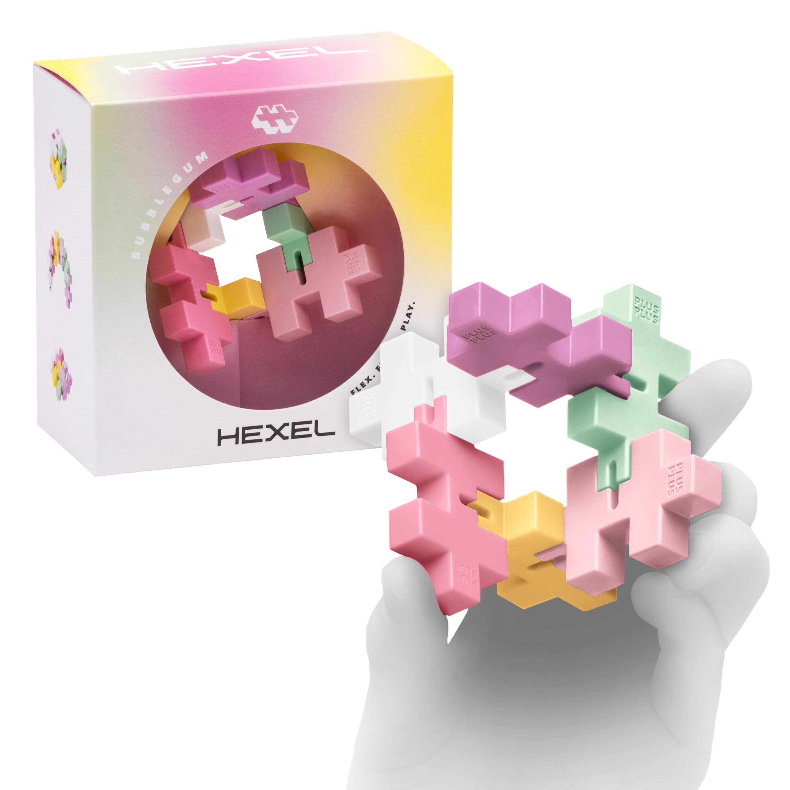 Plus Plus HEXEL Fidget Toy - Elastic 6-Piece Fidget Toys for Kids, Ideal Sensory Toys for Autism with Connectable Hexagon Blocks to Shapeshift - Great Gift for Boys and Girls - Bubblegum