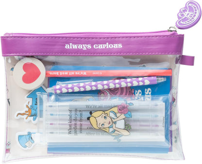 Grupo Erik Schreibwaren Disney Alice im Wunderland Kugelschreiber Bleistift mit Radiergummi - Federmäppchen Groß - Büroklammern - 4 Textmarker - Notizzettel Klebend Disney Fanartikel