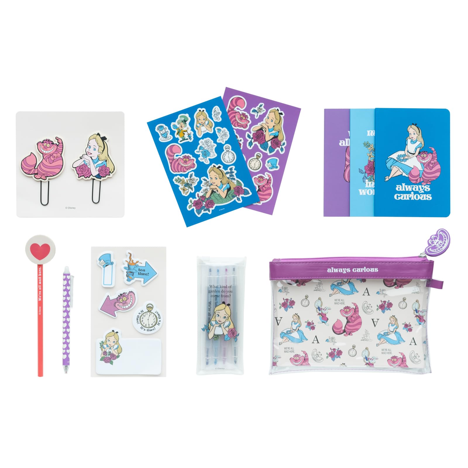 Grupo Erik Schreibwaren Disney Alice im Wunderland Kugelschreiber Bleistift mit Radiergummi - Federmäppchen Groß - Büroklammern - 4 Textmarker - Notizzettel Klebend Disney Fanartikel