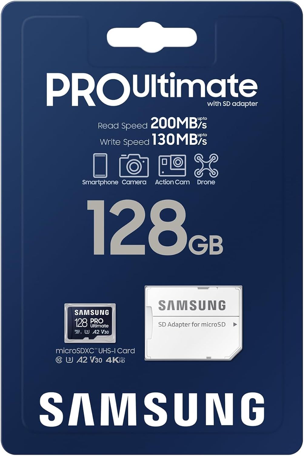 Samsung PRO Ultimate microSD memory card, 128 GB, UHS-I U3, 200 MB/s read, 130 MB/s write, Includes SD adapter, for smartphone, drone or action cam 128 GB microSD Card