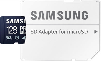 Samsung PRO Ultimate microSD memory card, 128 GB, UHS-I U3, 200 MB/s read, 130 MB/s write, Includes SD adapter, for smartphone, drone or action cam 128 GB microSD Card