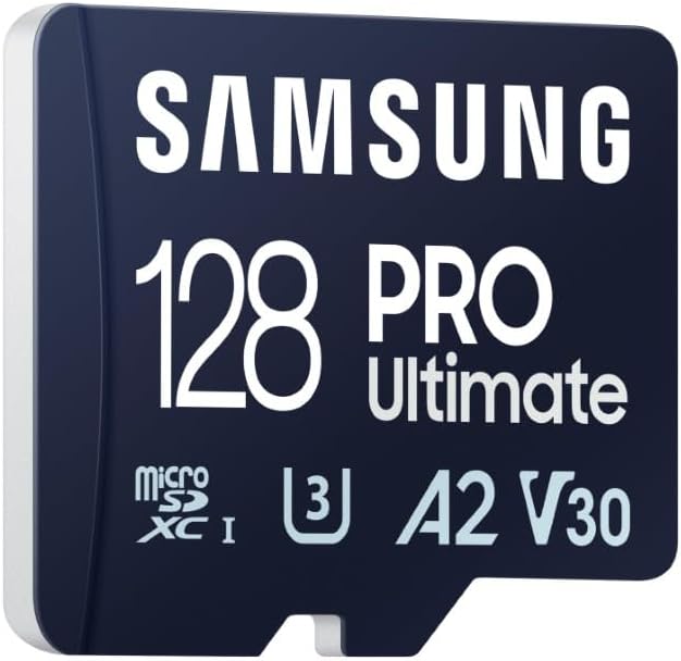 Samsung PRO Ultimate microSD memory card, 128 GB, UHS-I U3, 200 MB/s read, 130 MB/s write, Includes SD adapter, for smartphone, drone or action cam 128 GB microSD Card
