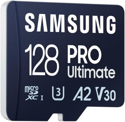 Samsung PRO Ultimate microSD memory card, 128 GB, UHS-I U3, 200 MB/s read, 130 MB/s write, Includes SD adapter, for smartphone, drone or action cam 128 GB microSD Card