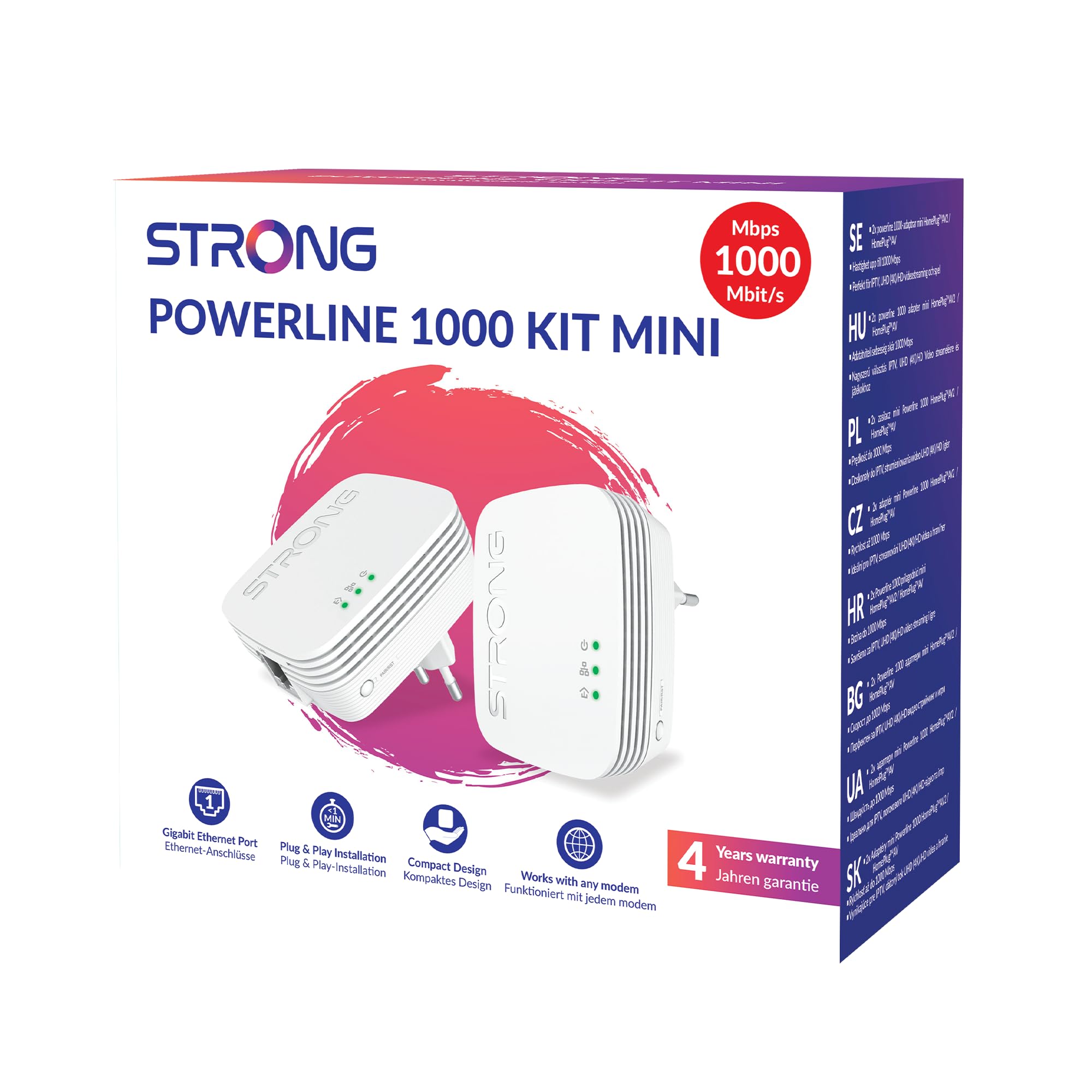 STRONG POWERL1000DUOMINI Kit 2 Powerline Gigabit Port, HomePlug AV2, Speed Up to 1000 Mbps, for HD/3D/4K Video Streaming and Online Games (Only for Wired), No Configuration Required