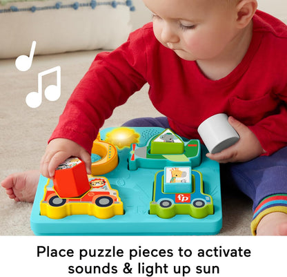 Fisher-Price Baby Sorting Toy Shapes & Sounds Vehicle Puzzle with Music & Lights for Fine Motor Play, Ages 9M+, HRP31