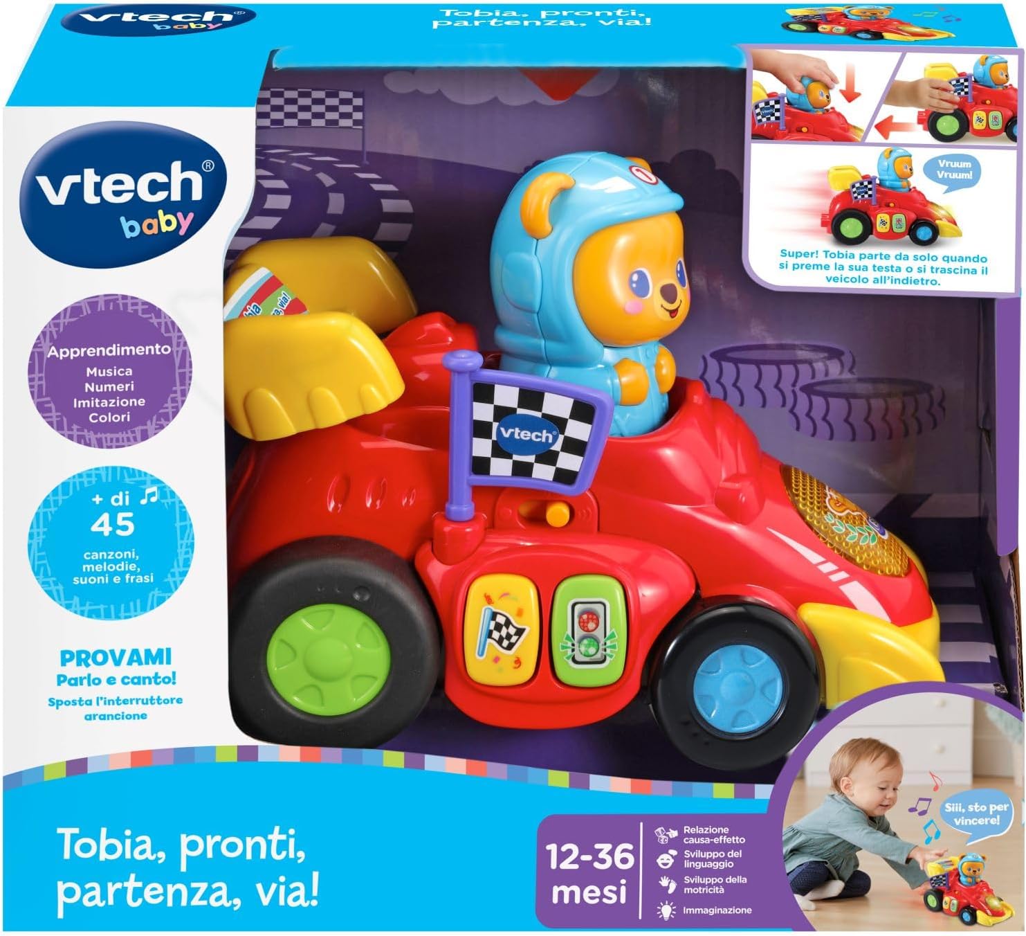 VTech Tobia, Pronti, Partenza, Via!, Macchinina Giocattolo con 2 Modalità di Partenza, Macchinina per Bambini con Più di 45 Canzoni e Suoni Regolabili, Lingua Italiana, Batterie Incluse, 12-36 Mesi