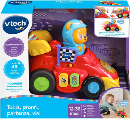 VTech Tobia, Pronti, Partenza, Via!, Macchinina Giocattolo con 2 Modalità di Partenza, Macchinina per Bambini con Più di 45 Canzoni e Suoni Regolabili, Lingua Italiana, Batterie Incluse, 12-36 Mesi