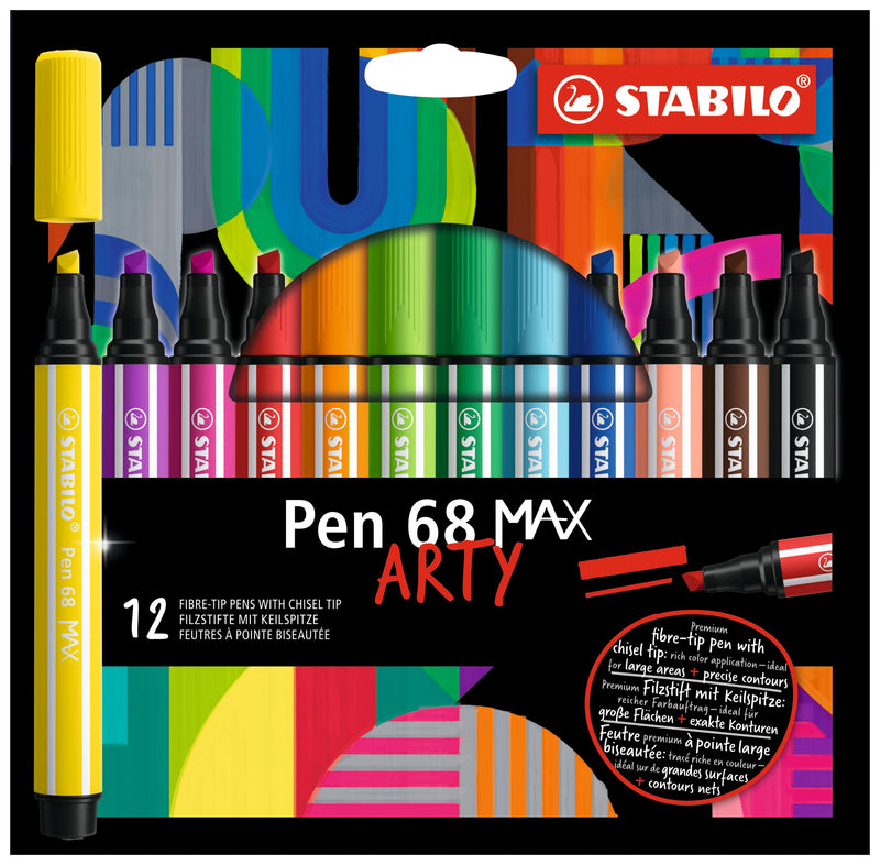 STABILO Premium Fiber-Tip Pen with Chisel Tip Pen 68 MAX - ARTY - Pack of 12 - Assorted Colors