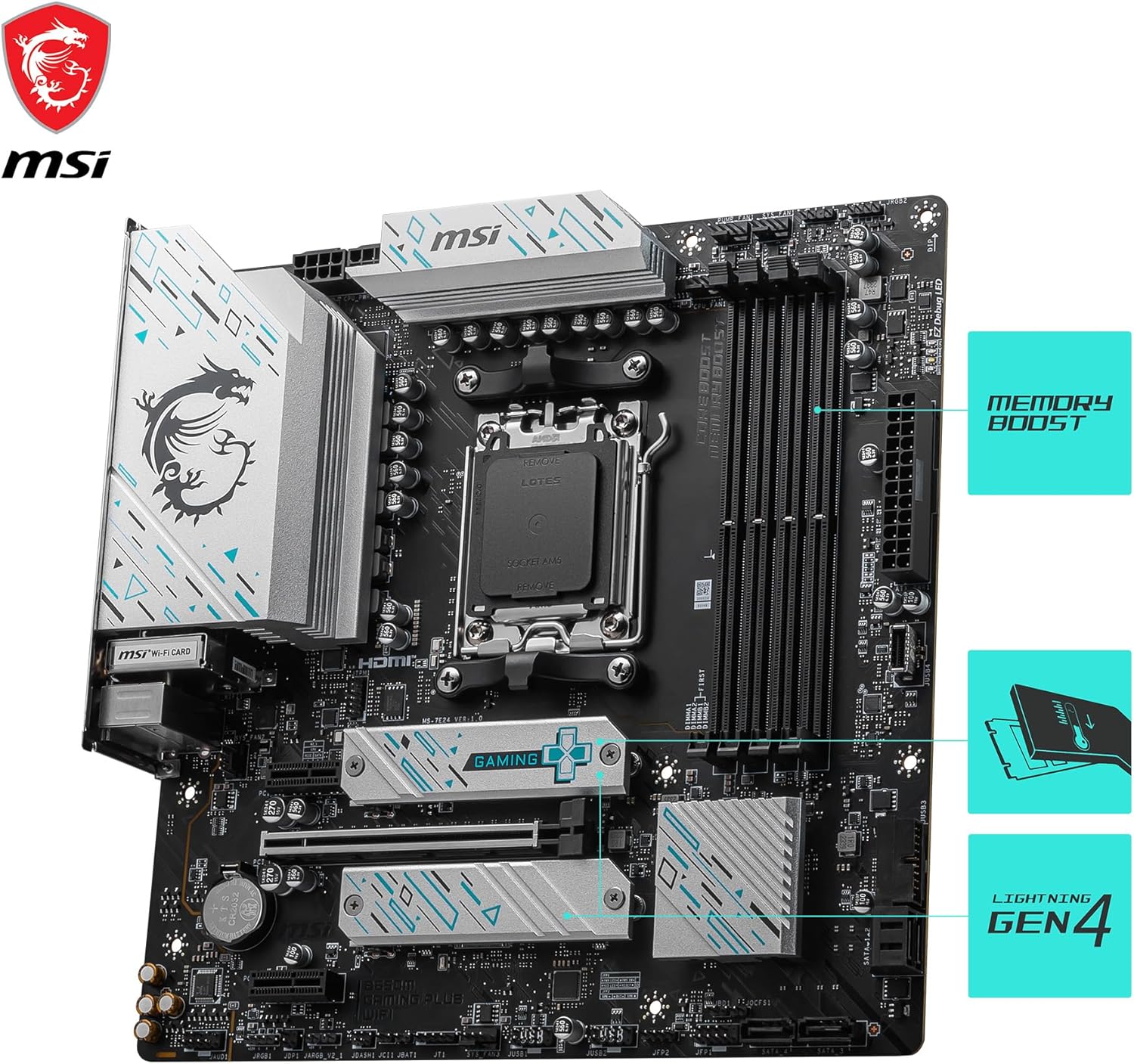 MSI B650M GAMING PLUS WIFI Scheda Madre, mATX - Supporta AMD Ryzen 7000 Series, AM5 - DDR5 Memory Boost 7800+ MHz/OC, PCIe 4.0 x16, M.2 Gen4, Wi-Fi 6E