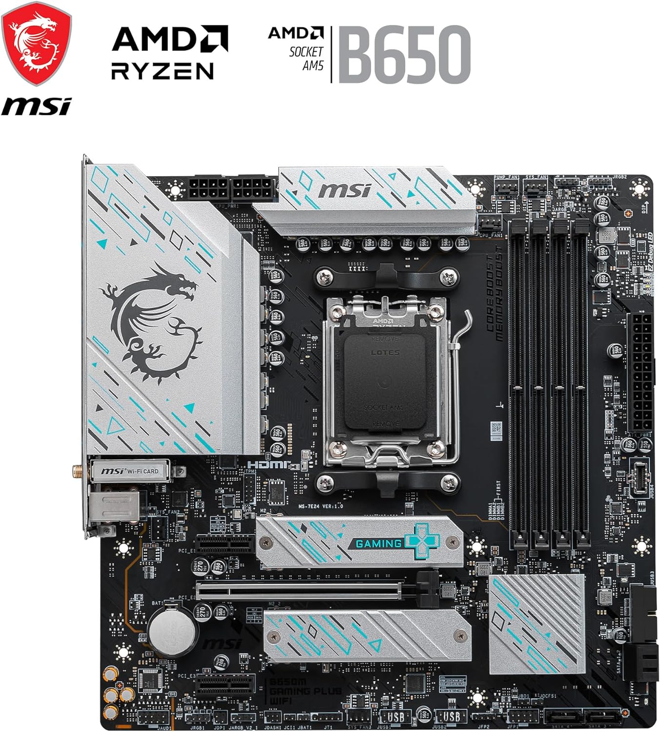 MSI B650M GAMING PLUS WIFI Scheda Madre, mATX - Supporta AMD Ryzen 7000 Series, AM5 - DDR5 Memory Boost 7800+ MHz/OC, PCIe 4.0 x16, M.2 Gen4, Wi-Fi 6E