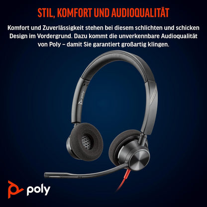 Poly Blackwire 3320 Auriculares Estéreo USB-C Negros + Adaptador de USB-C a USB-A