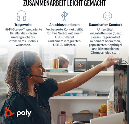 Poly Blackwire 3320 Auriculares Estéreo USB-C Negros + Adaptador de USB-C a USB-A