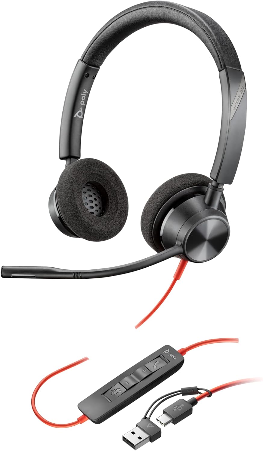 Poly Blackwire 3320 Auriculares Estéreo USB-C Negros + Adaptador de USB-C a USB-A