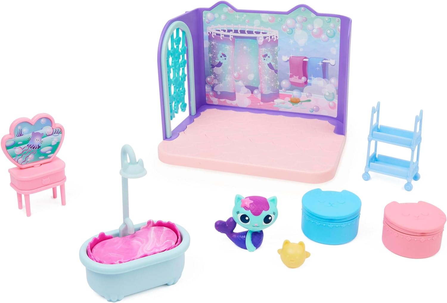 Gabby’s Dollhouse, Primp and Pamper Bathroom with MerCat Figure, 3 Accessories, 3 Furniture Pieces and 2 Deliveries, Kids’ Toys for Ages 3 and above