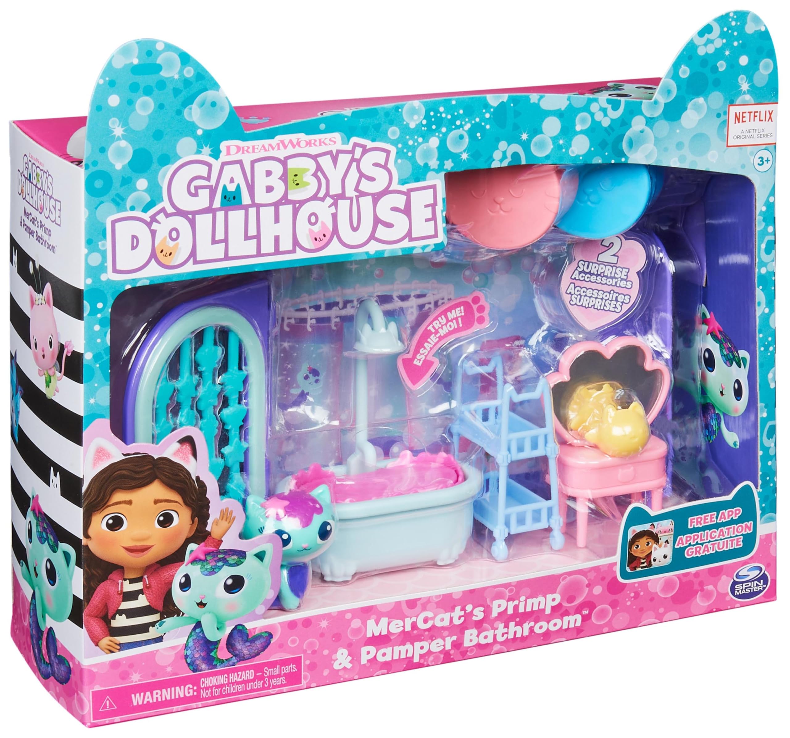 Gabby’s Dollhouse, Primp and Pamper Bathroom with MerCat Figure, 3 Accessories, 3 Furniture Pieces and 2 Deliveries, Kids’ Toys for Ages 3 and above