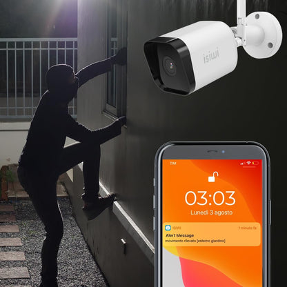 Isiwi Telecamera IP Cam 4MP 1080P IP66 Full HD WiFi Wireless Interno/Esterno, Rilevamento Movimento, PIR luce deterrenza Sirena Audio Bidirezionale, Visione Notturna per NVR Kit Connect S2 S4 Air